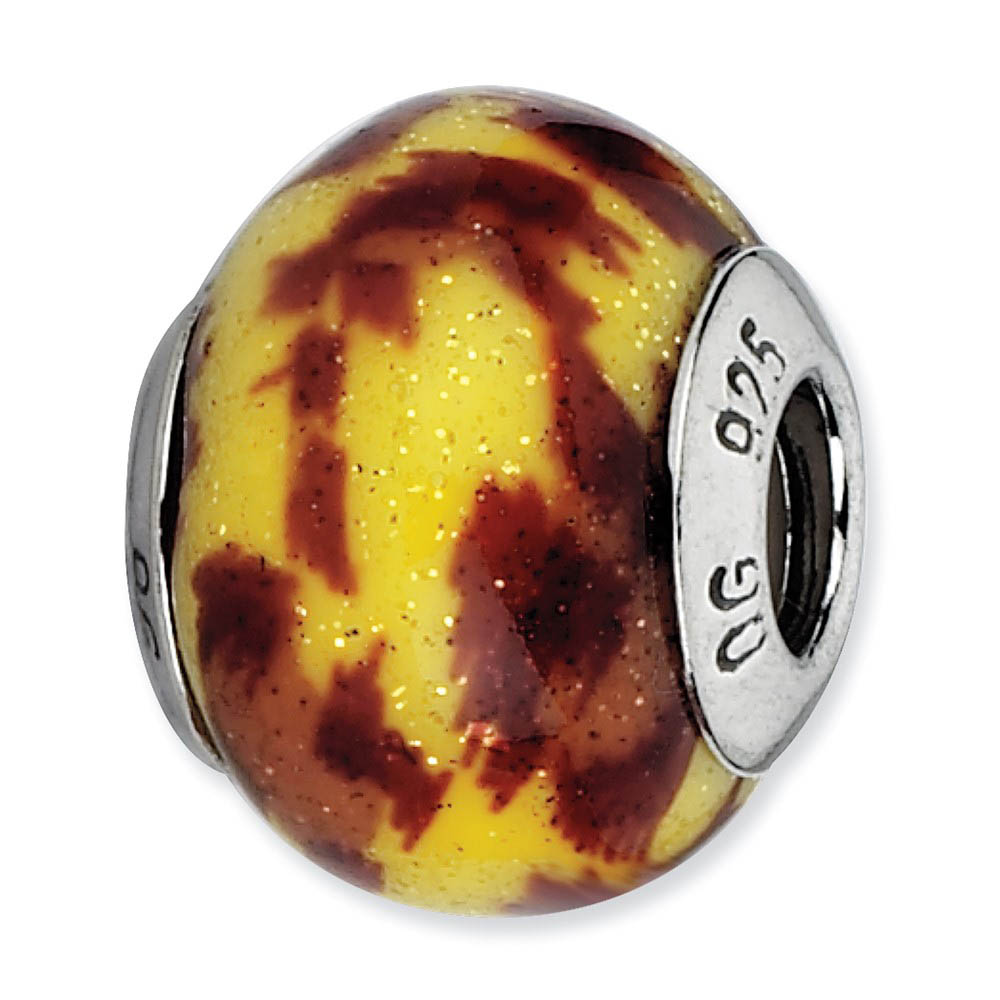 Yellow & Brown Glitter Overlay Glass Bead Sterling Silver Charm, 15mm