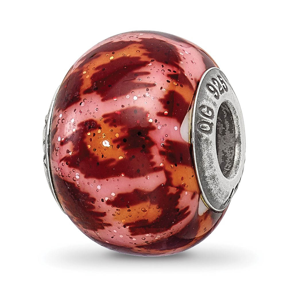 Pink/Brown, Glitter Overlay Glass & Sterling Silver Bead Charm, 15mm