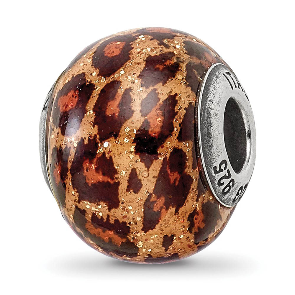 Brown Jaguar Glitter Overlay Glass Bead & Sterling Silver Charm, 15mm