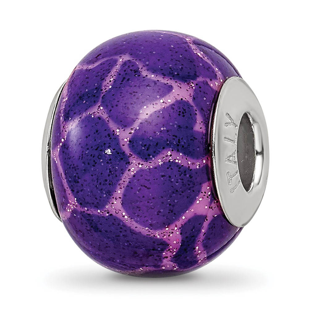 Purple, Pink, Glitter Overlay Glass & Sterling Silver Bead Charm, 15mm