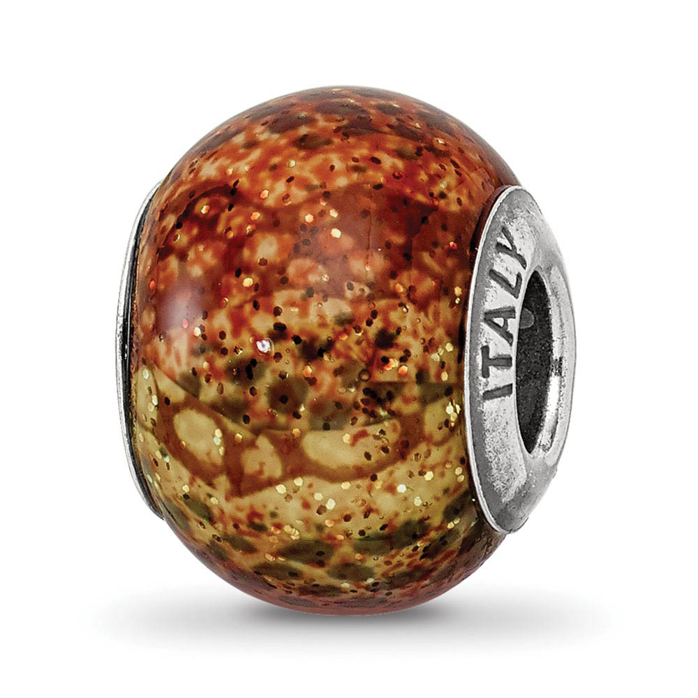 Light Brown Python Glitter Glass & Sterling Silver Bead Charm, 15mm