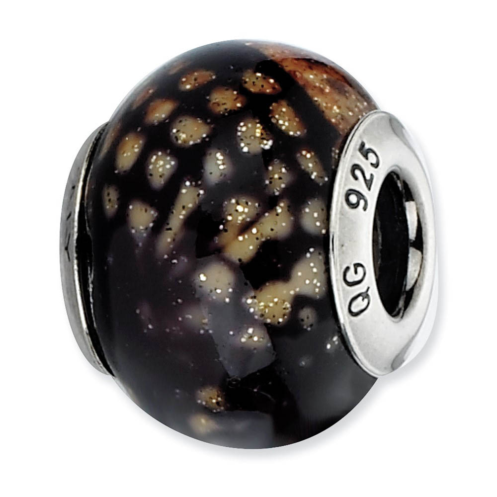 Brown, Black, Glitter Overlay Glass Bead & Sterling Silver Charm, 15mm