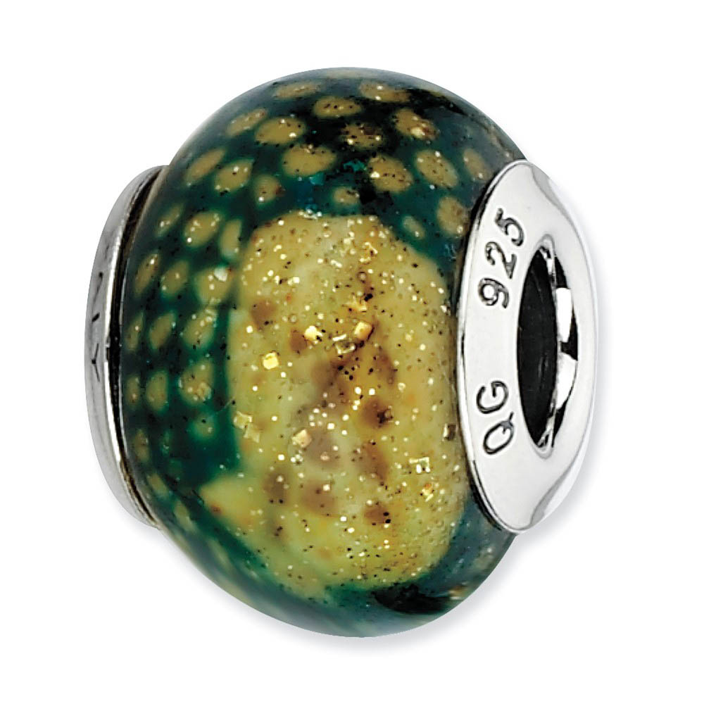 Green Python Glitter Overlay Glass Bead & Sterling Silver Charm, 15mm