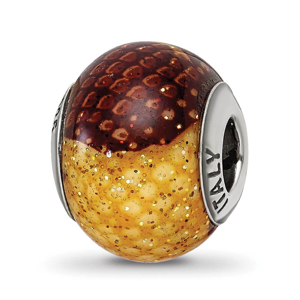 Brown, Yellow Glitter Overlay Glass & Sterling Silver Bead Charm, 15mm