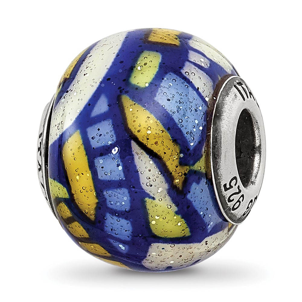 Multicolor w/ Glitter Overlay Glass & Sterling Silver Bead Charm, 15mm