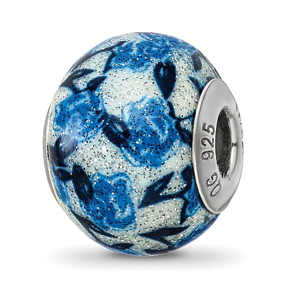 Blue, Rose Glitter Overlay Glass & Sterling Silver Bead Charm, 15mm