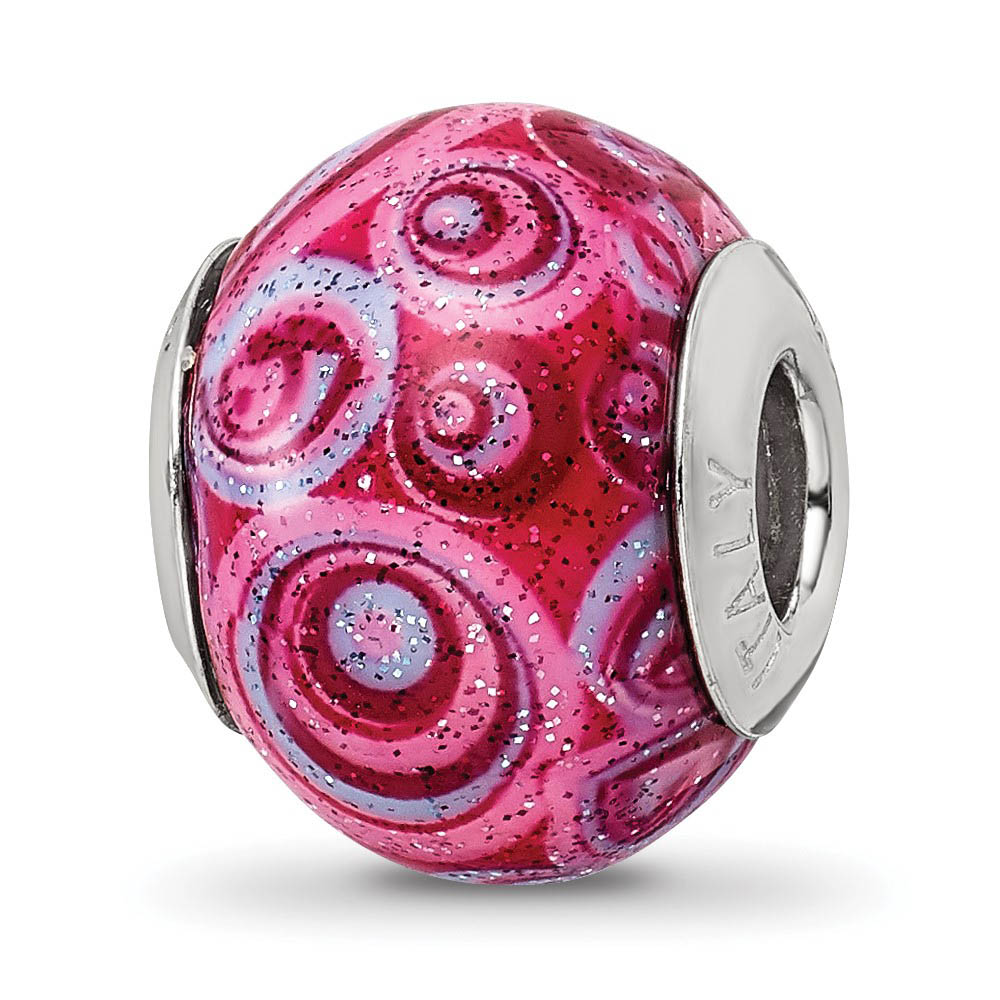 Pink, Purple Swirls Overlay Glass Bead & Sterling Silver Charm, 15mm