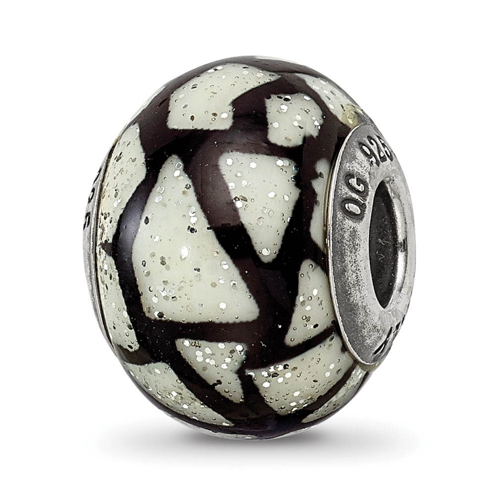 White, Black, Glitter Overlay Glass Bead & Sterling Silver Charm, 15mm