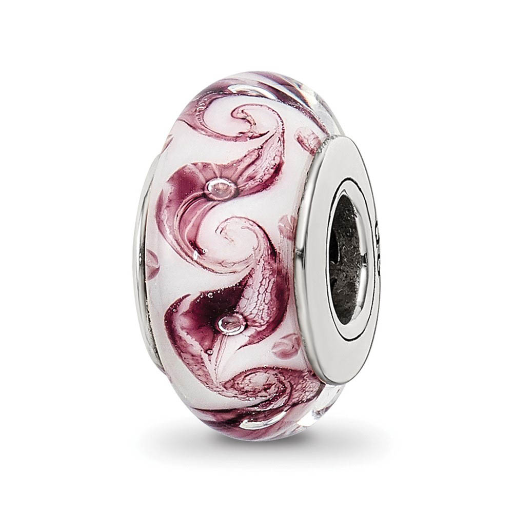 White, Mauve Swirl Hand-Blown Glass & Sterling Silver Bead Charm, 13mm