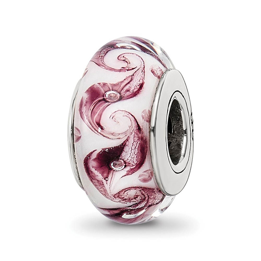 White, Mauve Swirl Hand-Blown Glass Bead &amp; Sterling Silver Charm, 13mm