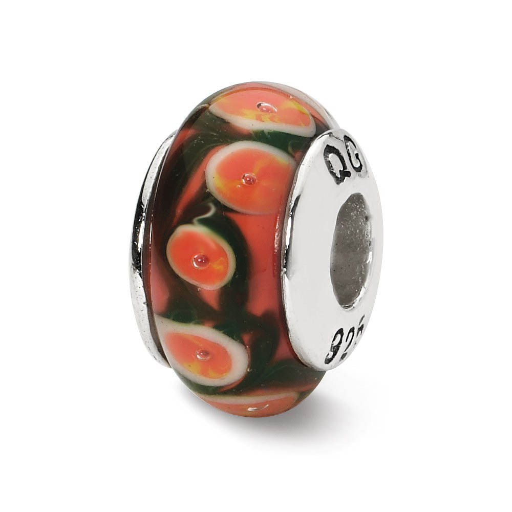 Red, Orange Hand-Blown Glass Bead & Sterling Silver Charm, 13mm