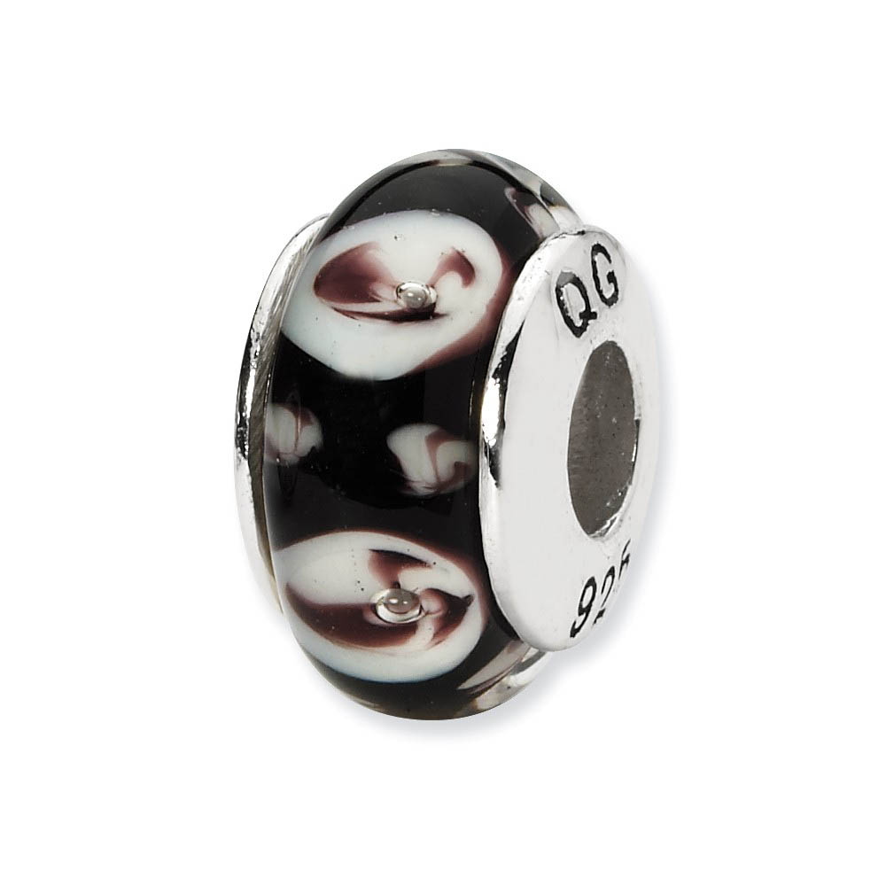 Black, Purple Floral Glass & Sterling Silver Bead Charm, 13mm