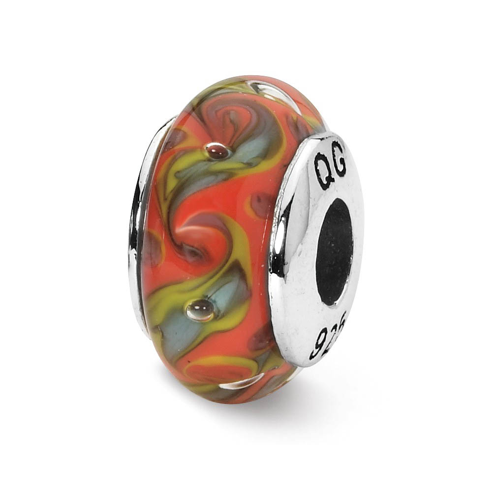 Red, Teal Swirl Hand-Blown Glass & Sterling Silver Bead Charm, 13mm
