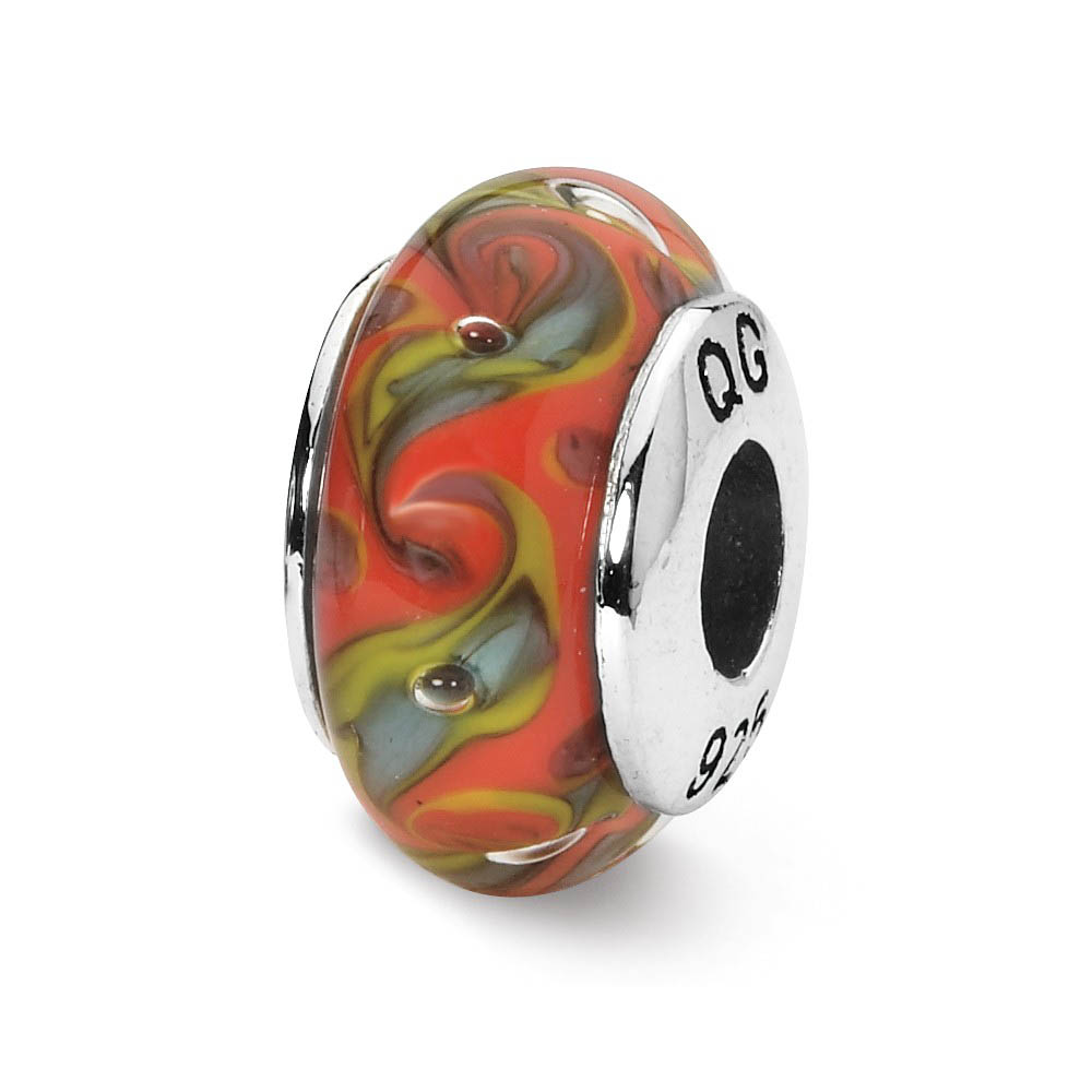 Red, Teal Swirl Hand-Blown Glass Bead &amp; Sterling Silver Charm, 13mm