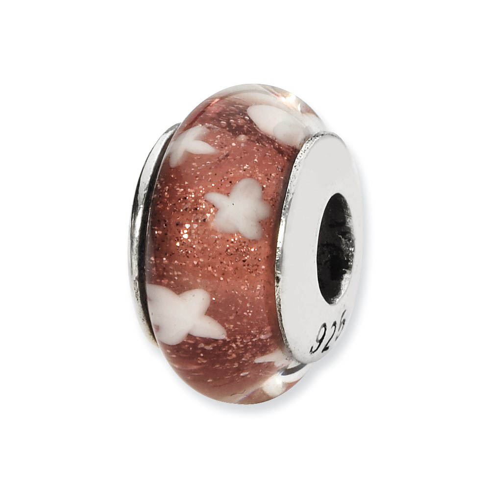 Red, White Stars Hand-Blown Glass Bead & Sterling Silver Charm, 13mm