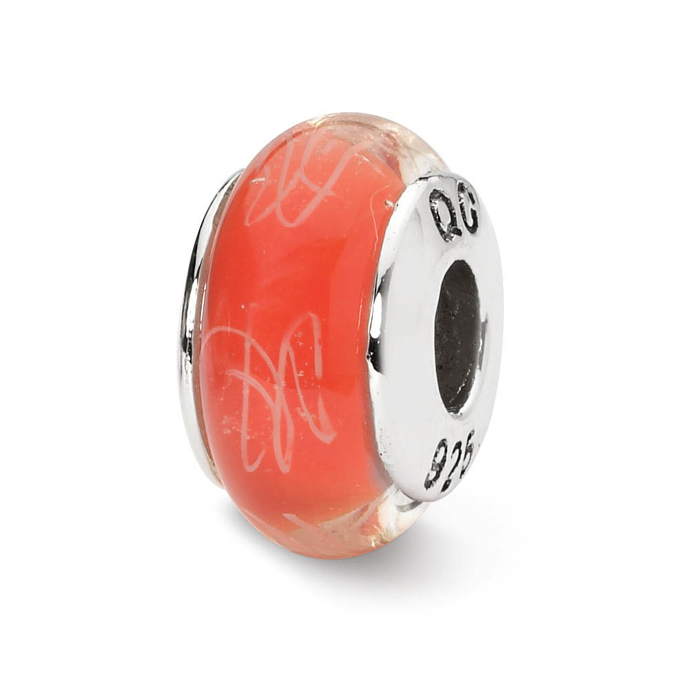 Orange, White Scribbles Glass & Sterling Silver Bead Charm, 13mm