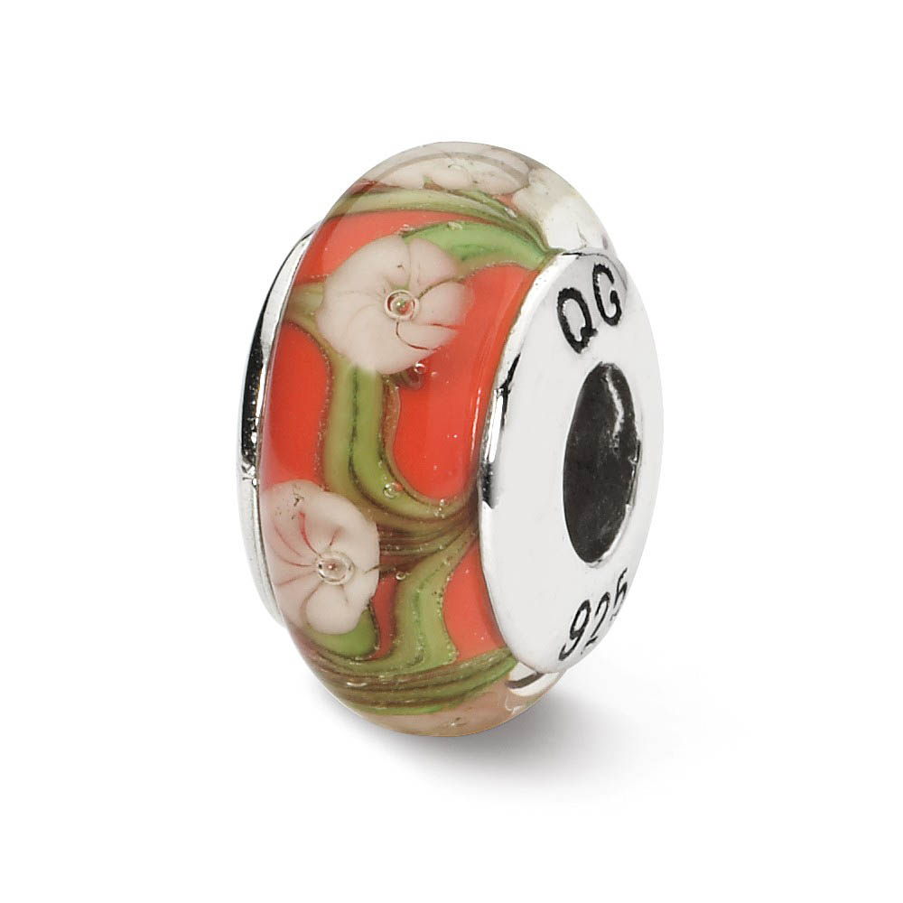 Red, White Floral Hand-Blown Glass Bead & Sterling Silver Charm, 13mm