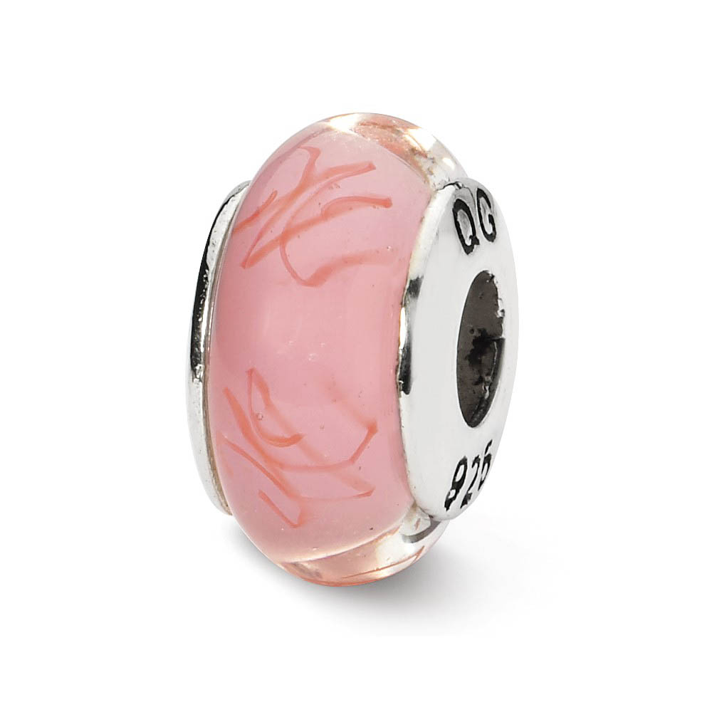 Sterling Silver Pink, Red Scribbles Hand-Blown Glass Bead Charm, 13mm