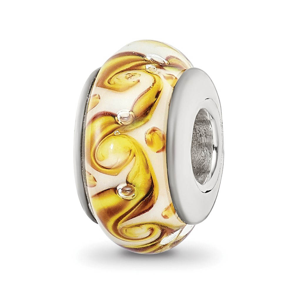 Yellow, Green, White Swirl Glass & Sterling Silver Bead Charm, 13mm
