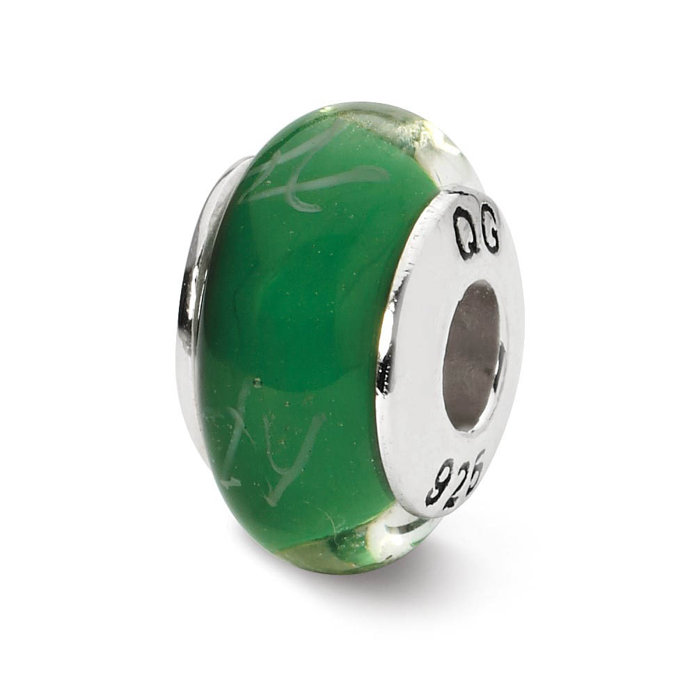 Green, White Scribbles Glass Bead &amp; Sterling Silver Charm, 13mm