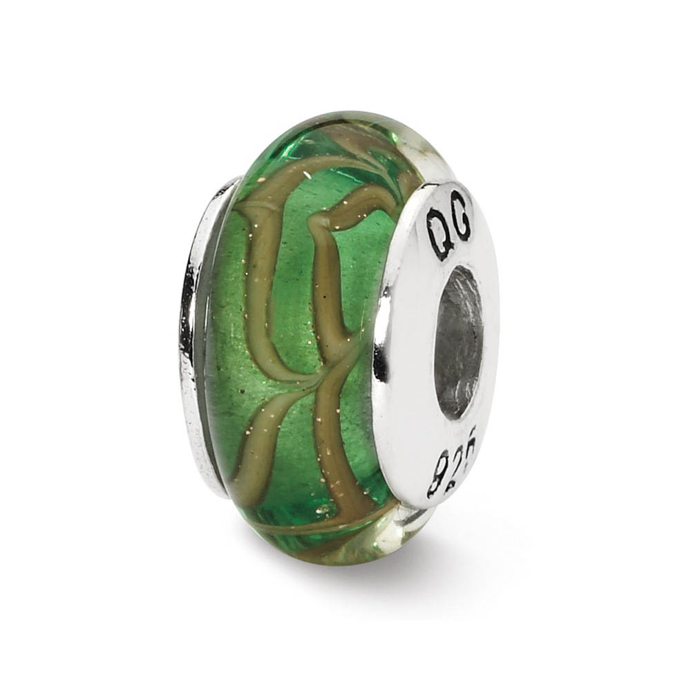 Light Green, Tan Swirl Glass & Sterling Silver Bead Charm, 13mm