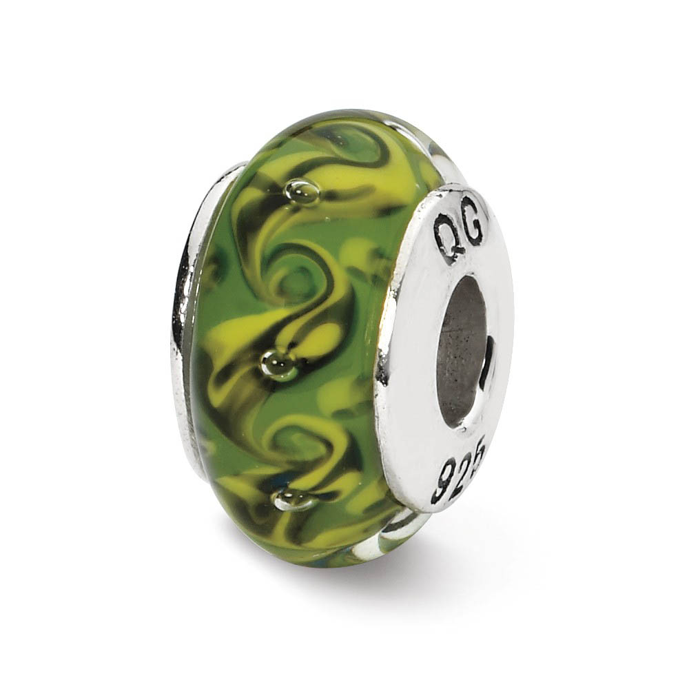 Green/Yellow Swirl Hand-Blown Glass Bead & Sterling Silver Charm, 13mm