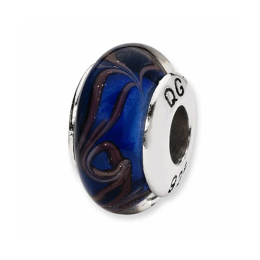 Blue, Brown Swirl Hand-Blown Glass Bead & Sterling Silver Charm, 13mm