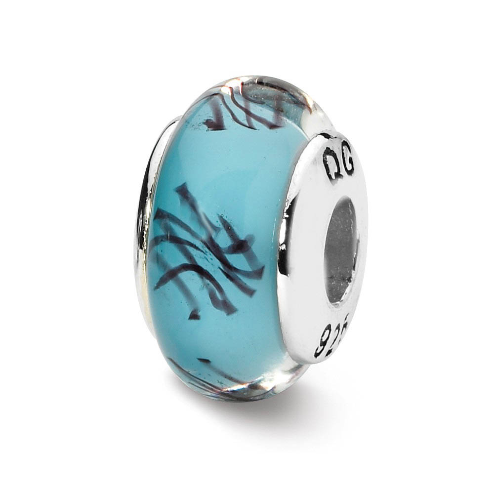 Blue, Black Scribble Glass & Sterling Silver Bead Charm, 13mm