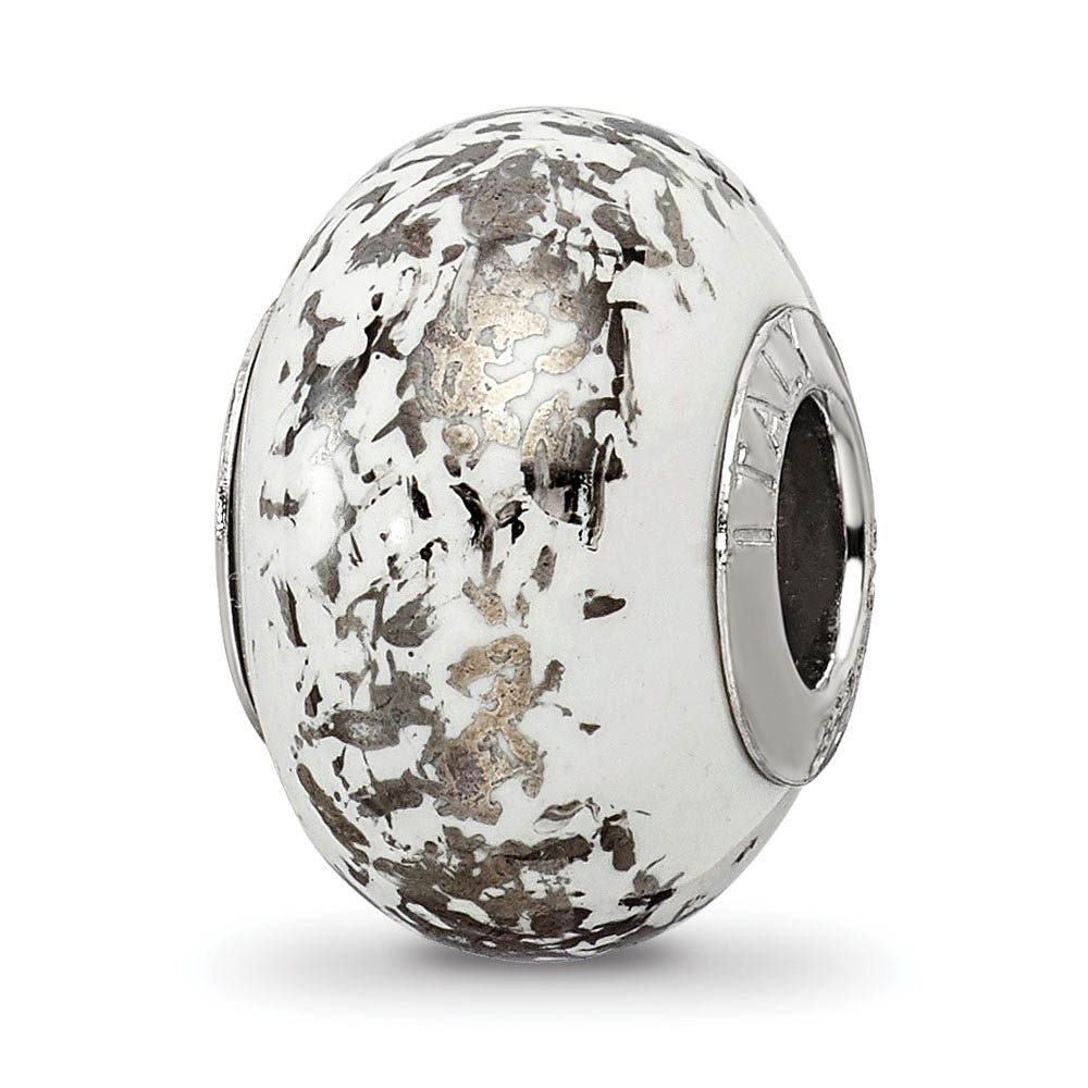 White w/Platinum Foil Ceramic & Sterling Silver Bead Charm, 14mm
