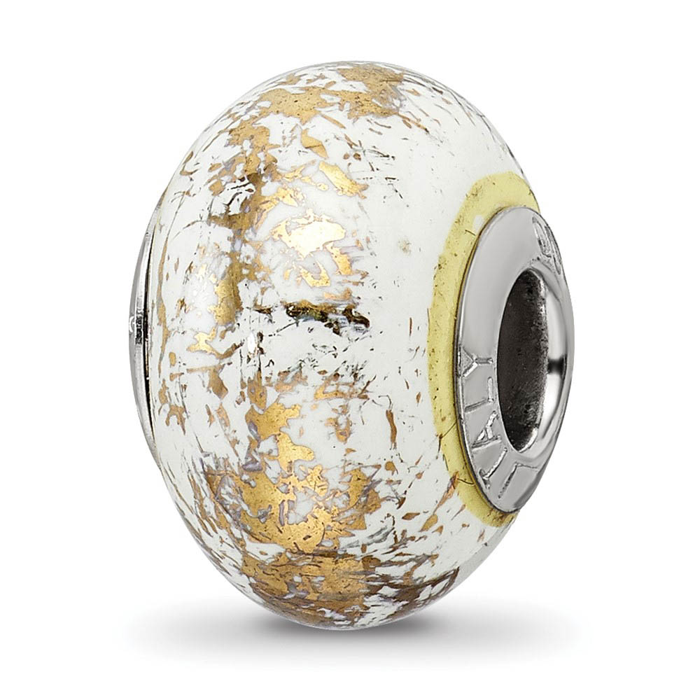 White w/Gold Foil Ceramic & Sterling Silver Bead Charm, 14mm