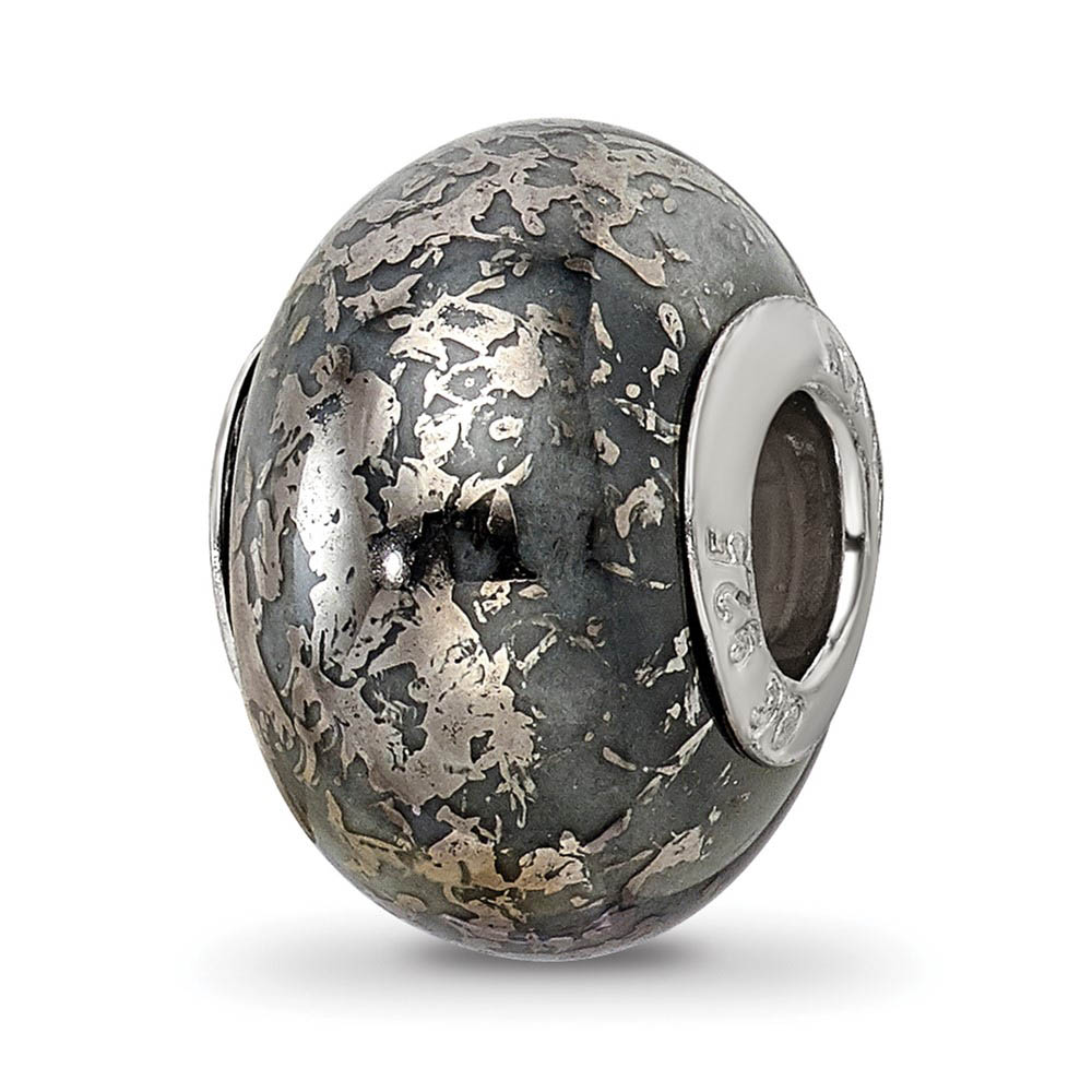 Grey w/Platinum Foil Ceramic & Sterling Silver Bead Charm, 14mm