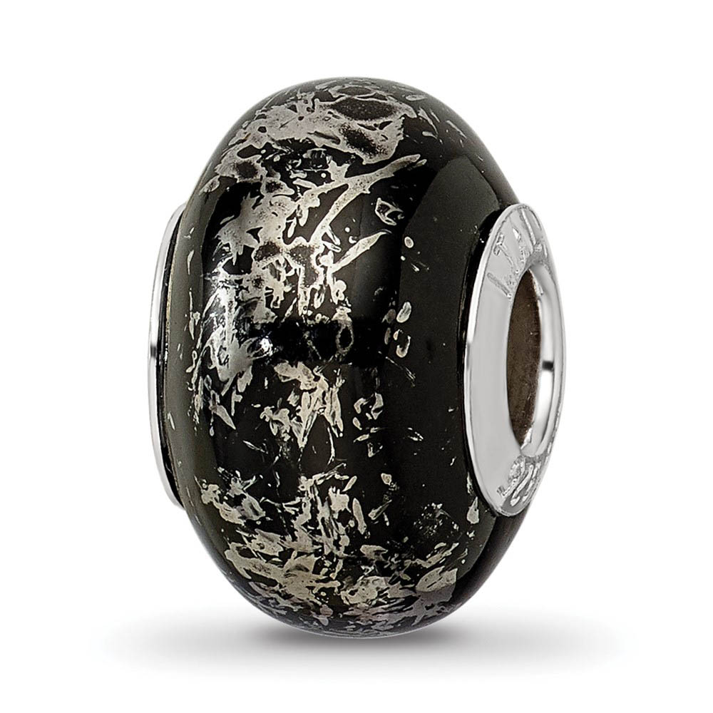 Black w/Platinum Foil Ceramic & Sterling Silver Bead Charm, 14mm