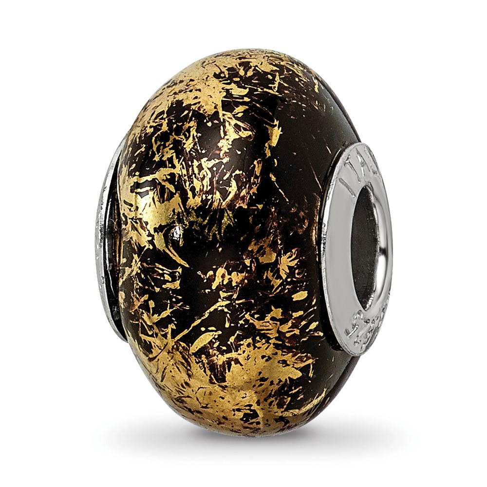 Black w/Gold Foil Ceramic & Sterling Silver Bead Charm, 14mm