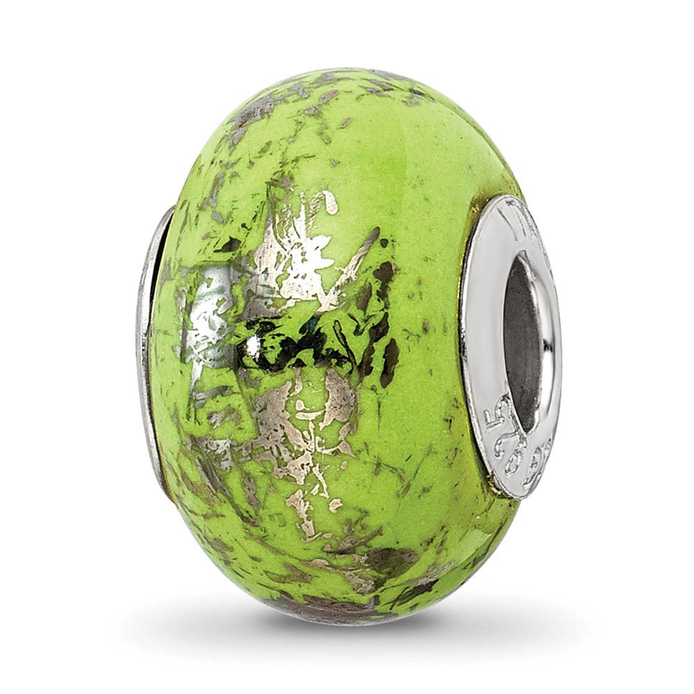 Green w/Platinum Foil Ceramic & Sterling Silver Bead Charm, 14mm