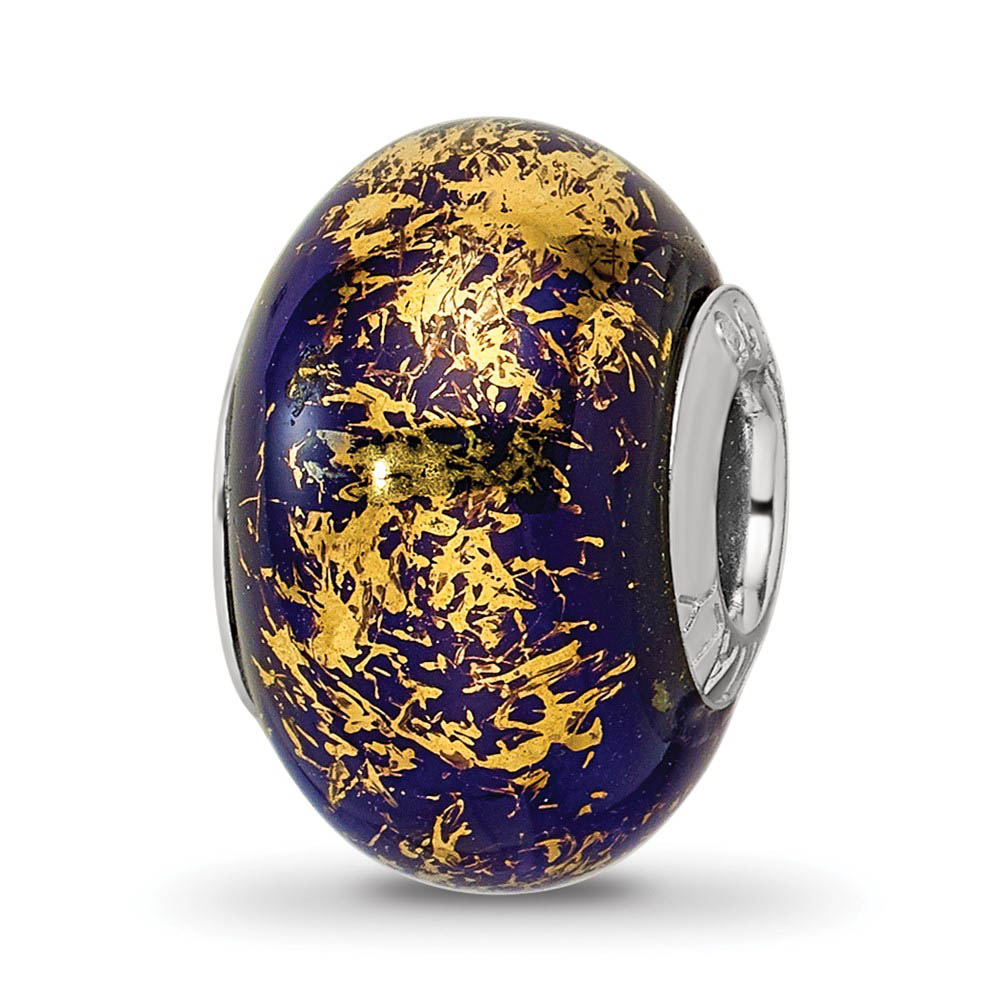 Dark Blue w/Gold Foil Ceramic & Sterling Silver Bead Charm, 14mm