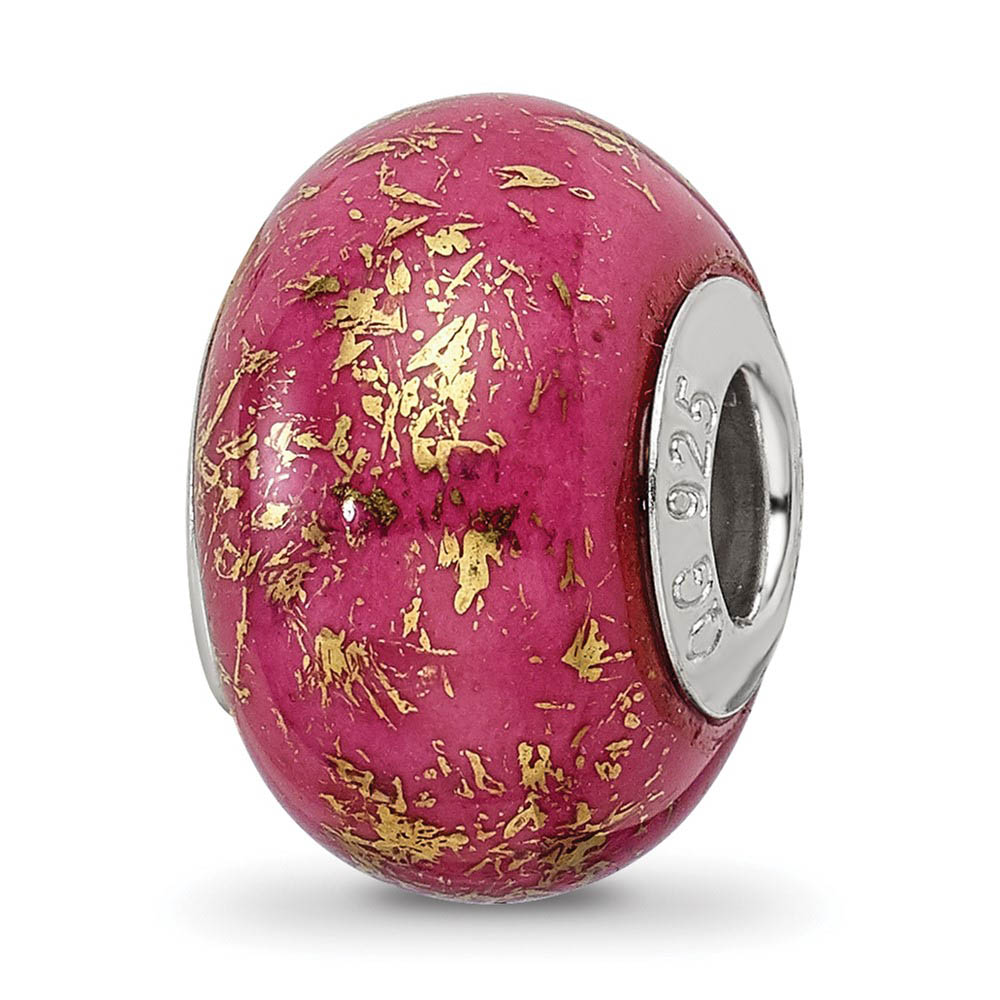 Dark Pink w/Gold Foil Ceramic & Sterling Silver Bead Charm, 14mm