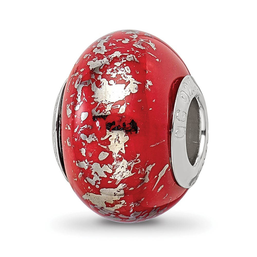Red w/Platinum Foil Ceramic & Sterling Silver Bead Charm, 14mm