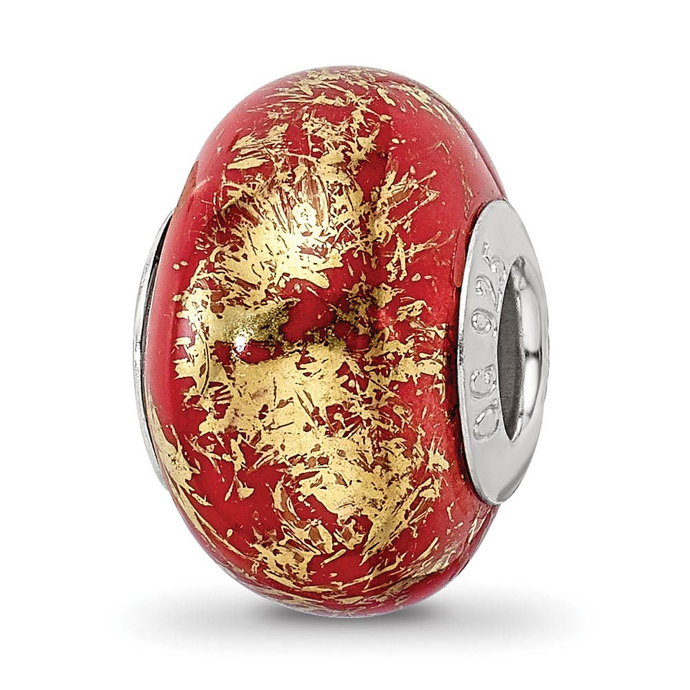 Red w/Gold Foil Ceramic Bead &amp; Sterling Silver Charm, 14mm