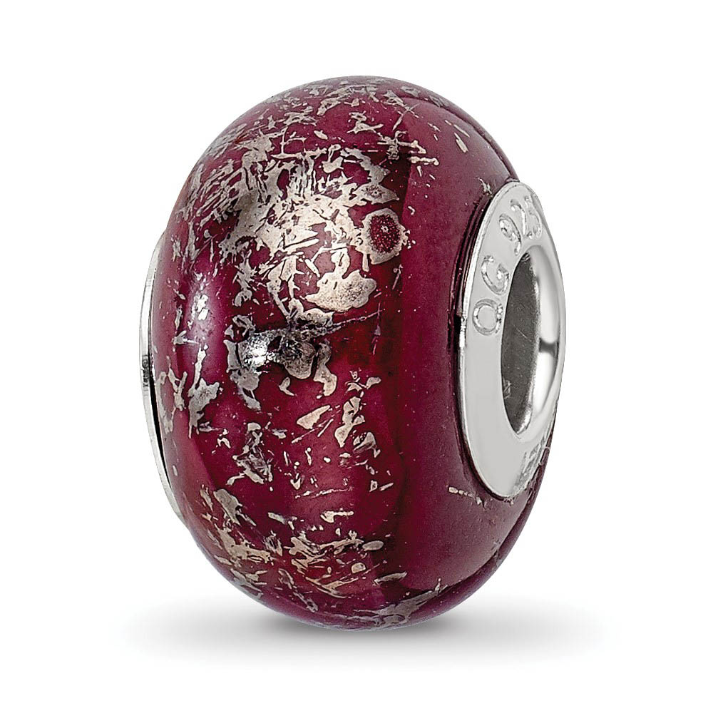 Dark Red w/Platinum Foil Ceramic Bead &amp; Sterling Silver Charm, 14mm