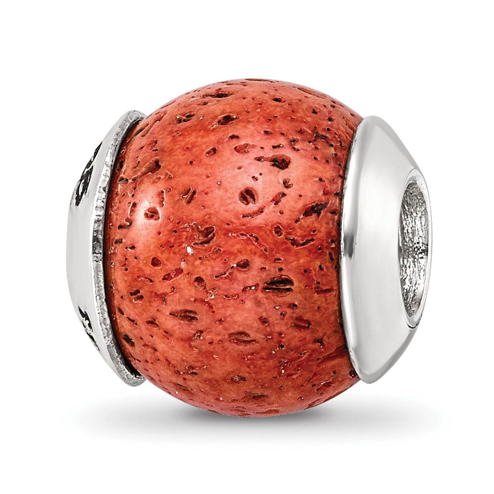 Coral Stone Bead & Sterling Silver Charm, 10mm