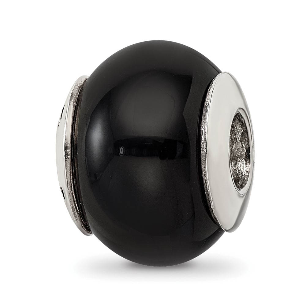 Natural Black Agate Stone Rounded & Sterling Silver Bead Charm, 13mm