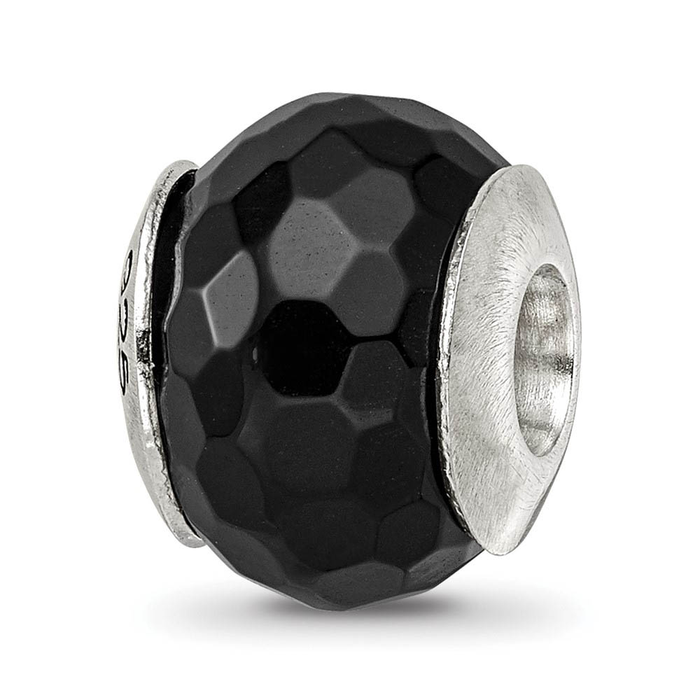 Black Agate Stone & Sterling Silver Bead Charm, 13mm