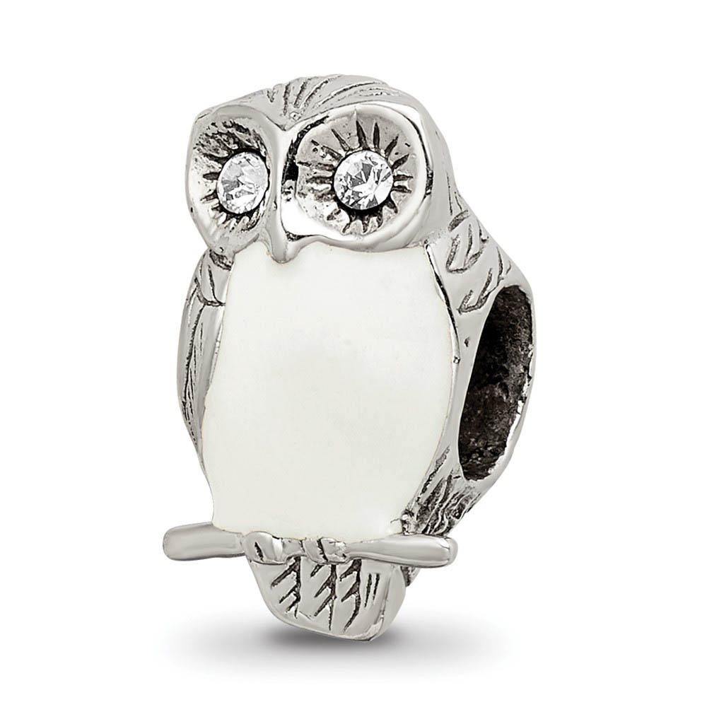 Sterling Silver, CZ and White Enameled Wise Owl Bead Charm