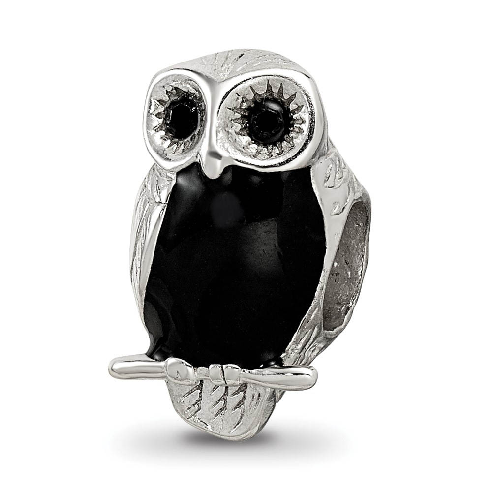 Sterling Silver, CZ and Black Enameled Wise Owl Bead Charm