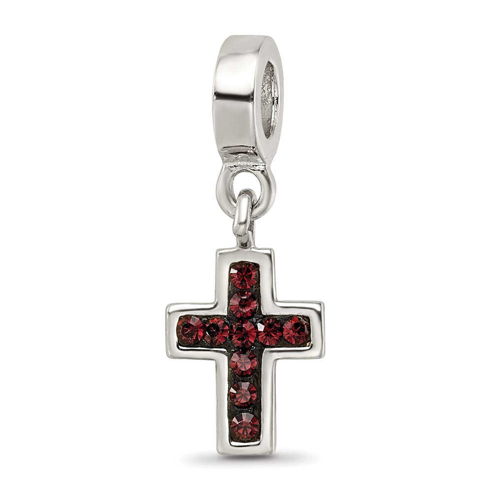 Sterling Silver and Dark Red Crystal Cross Dangle Bead Charm