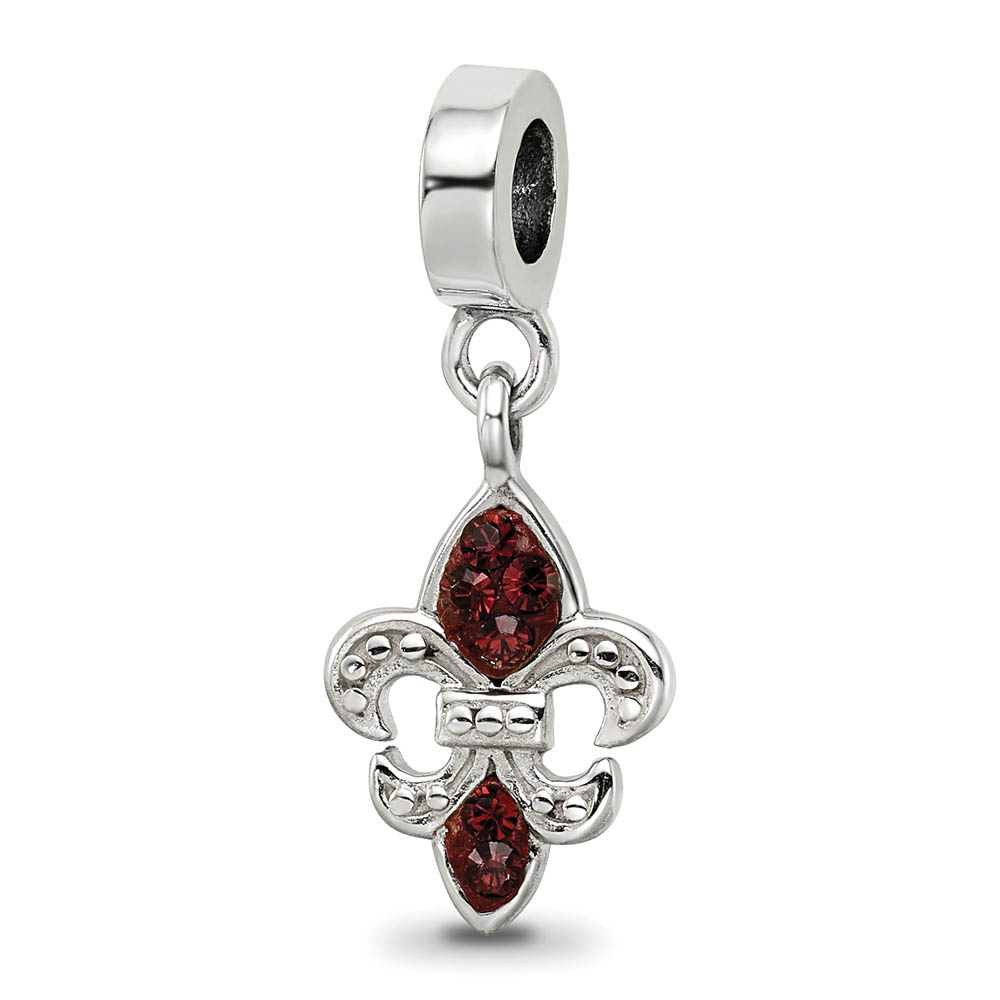 Sterling Silver and Red Crystal Fleur De Lis Dangle Bead Charm
