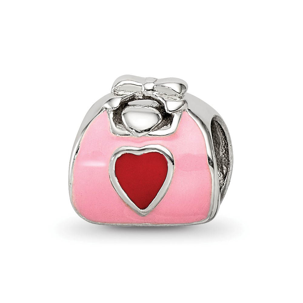 Sterling Silver and Pink Red Enameled Purse Bead Charm