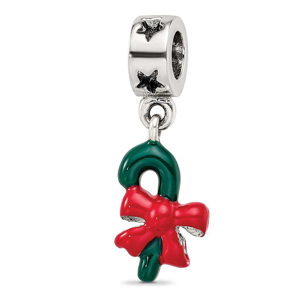 Sterling Silver Green Enameled Candy Cane Dangle Bead Charm