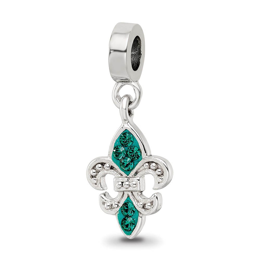 Sterling Silver Green Crystal Fleur De Lis Dangle Bead Charm