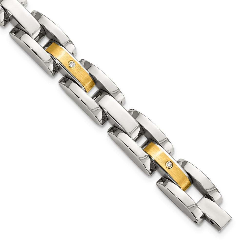 Men&#039;s Stainless Steel, Diamond and 14k Gold Plate Bracelet, 8.5 Inch